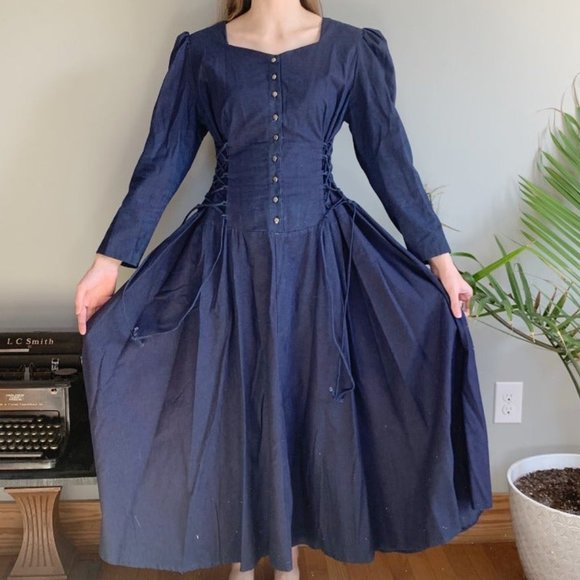 Vintage Victorian navy corset tie maxi dress